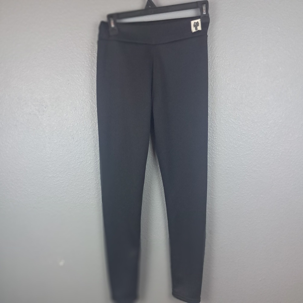 Womens Black High Rise Leggings with Cat Patch Graphic Slim Fit Tapered Fleece